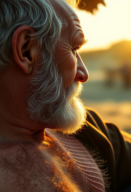 Romantic movie scene, cinematic atmosphere, arthouse film, Dynamic Closeup from the side, Old hairy tanned grandpa, hairy chest, warum Volumetric sunrays on chesthair, gentle expression, small gold earring, looking at viewer, doublechin, pov side, dawn, dusk, moaning softly in pleasure
