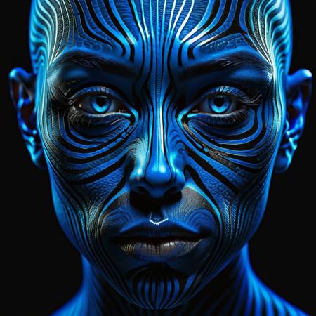 A surreal, close-up portrait of a face covered in intricate, glowing blue lines that form zebra-like stripes across the skin. The lines contour the face, emphasizing the eyes, nose, and lips, while creating a mesmerizing, abstract pattern. The background is pitch black, making the glowing lines and the details of the face stand out vividly. The overall mood is mysterious and otherworldly, with a focus on symmetry and contrast.