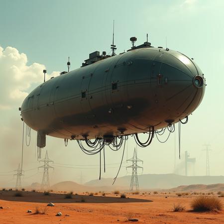 ultra high resolution, masterpiece, best quality, small featureless glossy black  spacecraft with a textured surface hovering low to the ground, underneath the spacecraft are cables hoses and wires, antennas on top, cables hanging from below, rectangular in shape, futuristic world, post apocalyptic landscape, ((low concrete buildings:1.3)) anti gravity, in the atmosphere, sky, clouds, ground visible, hovering, dry, ((dusty)), bleak landscape, parched, orange light, sunlight, square shapes, bleached colors, scattered destroyed industrial buildings, powerlines and towers