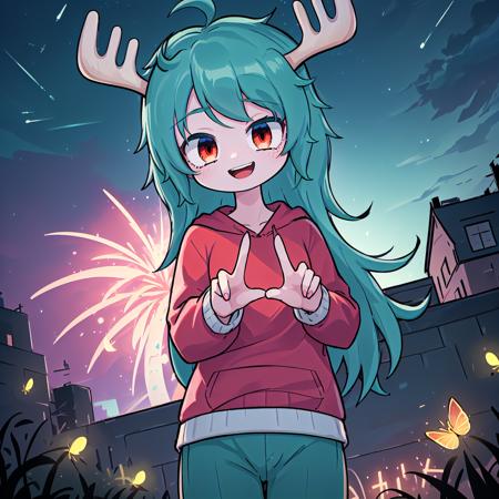 GobbletyTobblety aqua hair, long hair, red eyes, deer antlers, grey skin, aqua sweater, black shorts, black boots