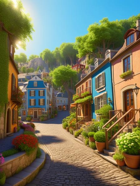 <lora:06NatureArt_Hap_XL:3.9>, Albert Bierstadt style,  illustration, whimsical architecture, multicolored, winding street, cobblestone, animated, windmill, trolley, steep hill, fantasy village, trees, foliage, sunny day, bright colors, balconies, towers, shutters, windows, bricks, cafe, outdoor seating, flower pots, wooden doors, organic shapes, no characters, no watermark, no text, vertical composition, lush greenery, whimsical houses, blue sky, no clouds, magical atmosphere, playful design, serene, lively, peaceful, quaint, european influence, street lamp, curves, unique buildings, terraced gardens, multistory buildings, art for children, fairy tale, warm palette, non-realistic, creative concept, outdoor cafe, graphical elements, tree canopy, fantasy town, sunlit, clustered buildings, artistic license, exaggerated proportions, artistic perspective, shadows, light quality, fantasy landscape, masterpiece, very aesthetic, newest, cartoon style,