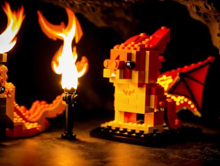 RAW photo, <lora:lego_v1.1:0.8> LEGO BrickHeadz, a dragon breathing fire in front of a cave, (high detailed skin:1.2), 8k uhd, dslr, soft lighting, high quality