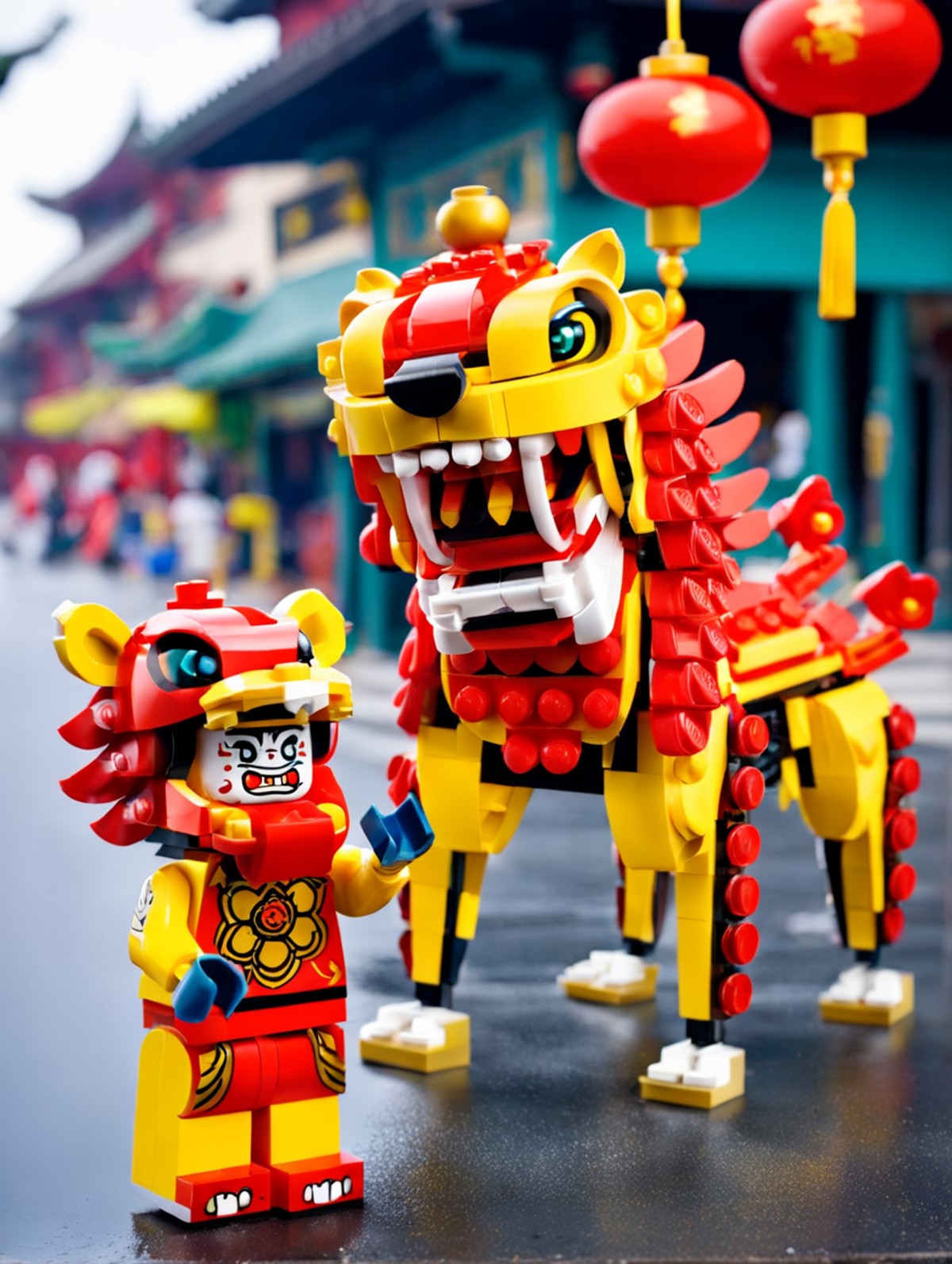 <lora:Lego_XL_v2.1:0.8> LEGO Creator,
Chinese traditional lion dance, on the street in the early morning