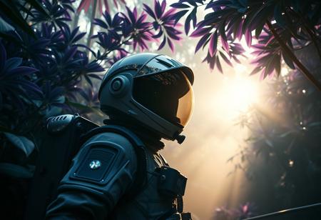 Cinematic shot, astronaut exploring an alien jungle, dense foliage towers overhead, vibrant purple and blue leaves, soft mist, futuristic space suit, reflective helmet visor, oxygen tank, backlit by the morning sun, gentle rays filter through, creating a soft glow, dramatic camera angle, shallow depth of field, 8K, UHD, dslr, film grain, intricate details, hyperrealistic.