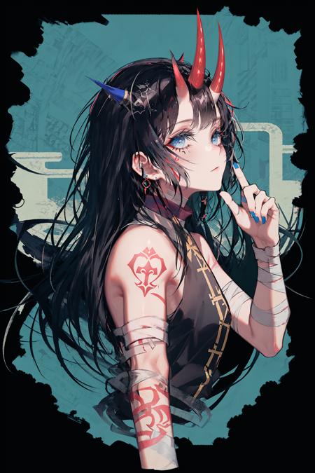 1girl, solo, tattoo, horns, black hair, arm tattoo, long hair, blue eyes, looking at viewer, hair ornament, shoulder tattoo, single horn, beads, from side, bandages, bandaged arm, chinese text, bare shoulders, fingernails, sleeveless, hand up, closed mouth  
/////////// <lora:rsef-000225:1>