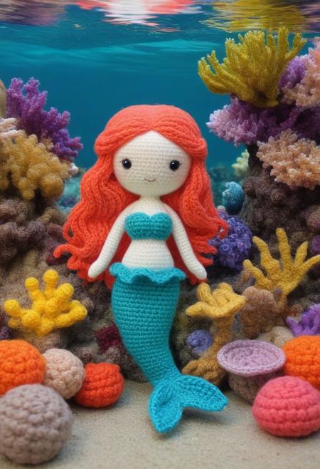 mermaid, swimming in beautiful ocean, colorful coral reef, seaweed, Amigurami,