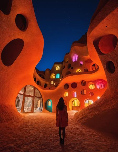 breathtaking night shot of a beautiful girl standing in an enchanting whimsical colorful brutalist cave buildings complex, (at night:1.2), warm lights, low-key lighting style, cozy, intricate details, epic, mystic, stunning, highly detailed, professional, high-resolution, realistic,  <lora:Low-key lighting Style:0.9>