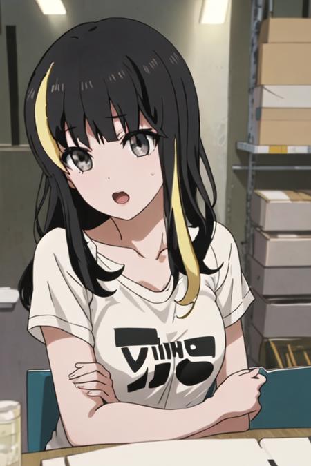 best quality, masterpiece, highres, solo, {tsubaki_ando_shirobako:1.15}, black_hair, multicolored_hair, streaked_hair, blonde_hair, long_hair, bangs, black_eyes, grey_eyes, 1girl, collarbone, open_mouth, shirt, anime_coloring, parody, upper_body, black_shirt