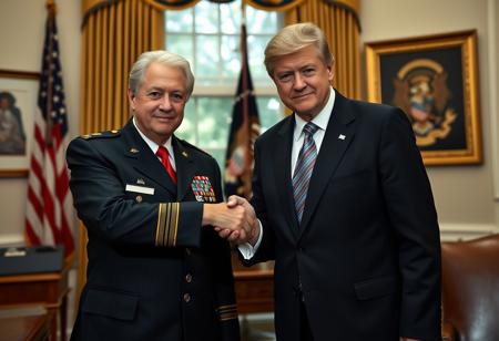 general satan in an immaculate military dress uniform posing for photo shaking hands with president clinton of the united states in sharp suit inside the oval office, real photograph,  dark empty eyes, demonic, photorealistic, correct hands, correct fingers, presidential seal, vote button, campaign photo, election, elegant scene
