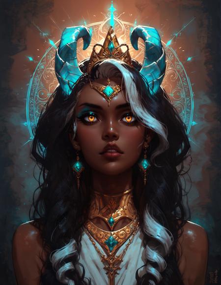 score_9, score_8_up, score_7_up, score_6_up, score_5_up, score_4_up,  A regal (queen:1.4) with (Indian heritage:1.3), her (brown skin:1.3) glowing with a soft radiance, sits majestically. She has (gold eyes:1.3) that shimmer with wisdom and power, and her (ivory brown skin:1.4) adds to her ethereal beauty. Her (black hair:1.3) is striking, accented with (white highlights:1.2) that give it a unique and distinguished look.  Adorning her head are (turquoise glowing horns:1.3) that spiral gracefully, merging seamlessly with her (ram horns:1.3), creating an awe-inspiring and mystical appearance. Her attire is opulent, with (intricate gold jewelry:1.2) and (traditional Indian garments:1.2) that complement her royal presence.  The background is a lavish (palace setting:1.2), rich with (detailed carvings:1.1) and (luxurious decor:1.2), enhancing the queen's majestic aura and the (mystical glow:1.2) of her horns, symbolizing her power and grace.