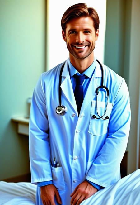 (full-body:1.10), A realistic hot man doctor, stethoscope, whote doctor lab coat, doctor's clothes, wide smile, thoughtful, brown hair, boyfriend taking care of you in the hospital bed