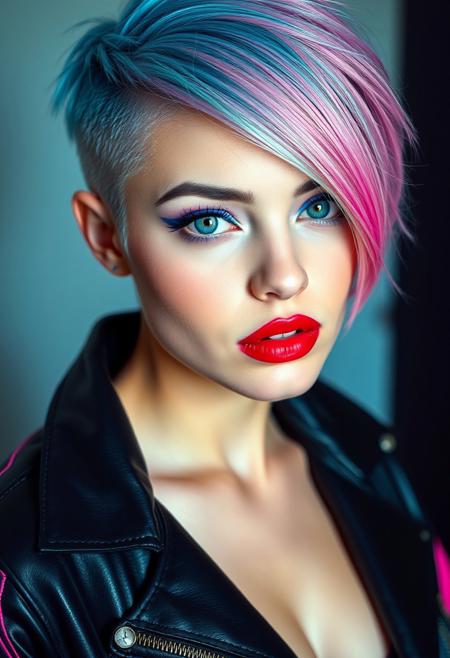 a gorgeous 25 years old caucasian woman, pale skin, cyan short hair in asymmetrical cut with shaved right side and pink longer bang on the left side, long blue eyelashes, blue mascara, purple eyeliner define her big beautiful grey eyes, green eyeshadow, luscious sensual red glossy lips, rouge, sexy curves, sexy feminine black leather jacket with neon pink and cyan lines, looking at viewer dominantly,