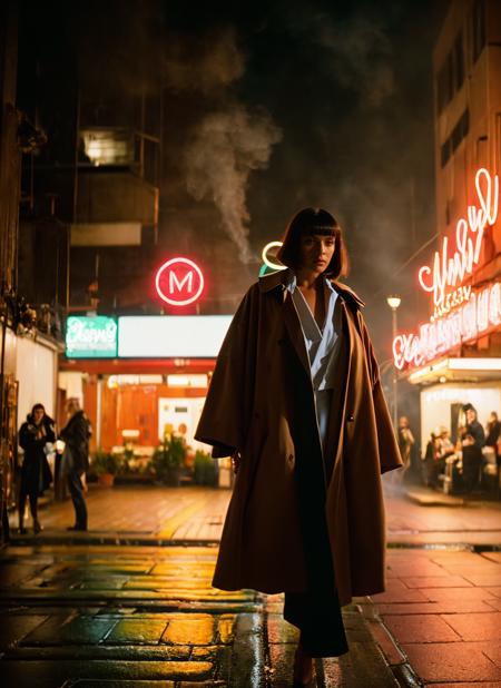 A stunning intricate colorful portrait of beautiful woman M14W4114CE <lora:M14W4114CE:0.7>, [blade runner+kill bill] style, wearing brown coat, bobcut hair, makeup, magic eyes, rain, smoke, (neon lighting:1.2), epic character composition, by ilya kuvshinov, alessio albi, nina masic, sharp focus, natural lighting, subsurface scattering, f2, 35mm, film grain