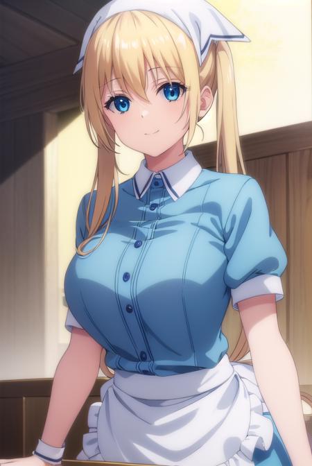 kahohinata, <lora:kaho hinata s1-lora-nochekaiser:1>,
kaho hinata, blonde hair, blue eyes, hair between eyes, long hair, sidelocks, twintails, smile,
BREAK apron, blue shirt, blue skirt, frilled apron, frills, gloves, head scarf, shirt, short sleeves, skirt, uniform, waist apron, waitress, white apron, white gloves,
BREAK indoors, restaurant,
BREAK looking at viewer, (cowboy shot:1.5),
BREAK <lyco:GoodHands-beta2:1>, (masterpiece:1.2), best quality, high resolution, unity 8k wallpaper, (illustration:0.8), (beautiful detailed eyes:1.6), extremely detailed face, perfect lighting, extremely detailed CG, (perfect hands, perfect anatomy),