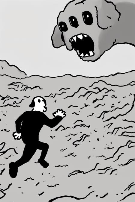 (masterpiece, best quality, uhd, 8k) <lora:PBFComicsStyle_v1-000018:0.75> pbfcomics style, a man running, dog, monster, simple background, monochrome