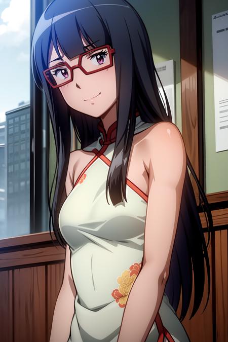 (RAW photo, best quality), masterpiece, an extremely delicate and beautiful, extremely detailed, 2k wallpaper, Amazing, finely detail, extremely detailed CG unity 8k wallpaper, ultra-detailed, highres, soft light, beautiful detailed anime girl, cinematic lightning, perfect anatomy, 1girl, solo, long hair, bangs, black hair, pink eyes, glasses, bare shoulders, china dress, chinese clothes, smile, look at viewer, mochizuki_meiko