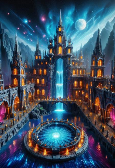 Masterpiece, best quality, ultra-detailed, 8K, cinematic lighting, volumetric lighting, perfect shadows, depth of field, stunning composition, hyperrealistic textures. expert Lego Set Theme, A colossal floating kingdom forged from dark, polished iron, suspended in a sky ablaze with swirling auroras of violet, magenta, and gold. Towering iron spires, engraved with intricate filigree, rise high, refracting ethereal light through their crystalline inlays. Massive bridges of ornately carved steel connect hovering islands, their surfaces adorned with glowing, bioluminescent veins of molten gold and silver. Waterfalls of liquid metal cascade in shimmering hues of electric blue and deep crimson, vanishing into the void below.
The air vibrates with raw energy as floating iron lanterns, glowing with fiery orange, sapphire, and amethyst light, drift through the endless sky. Archways of gleaming blackened steel, inlaid with shifting runes of cyan and ruby, pulse with mechanical brilliance. Endless fields of metallic flora, their silver and obsidian petals humming softly, sway in the celestial breeze. This radiant, mechanical world pulses with chromatic energy—an endless fusion of industrial might and cosmic wonder