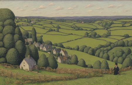 style of Henry Moret, stand ,hedgerow,plot ,farm , Valley ,