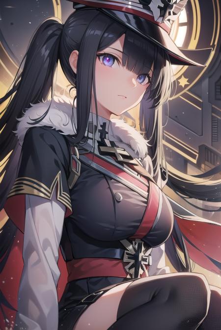 peterstrasser, <lyco:peterstrasser-lyco-nochekaiser:1>,
peter strasser, black hair, hair over one eye, long hair, one eye covered, (purple eyes:1.1), twintails,
BREAK armored boots, black coat, black footwear, black ribbon, boots, buttons, cape, coat, fur trim, fur-trimmed cape, gloves, hat, high heels, military hat, peaked cap, red cape, ribbon, stiletto heels, white gloves, white headwear,,
BREAK looking at viewer,
BREAK indoors,
BREAK <lyco:GoodHands-beta2:1>, (masterpiece:1.2), best quality, high resolution, unity 8k wallpaper, (illustration:0.8), (beautiful detailed eyes:1.6), extremely detailed face, perfect lighting, extremely detailed CG, (perfect hands, perfect anatomy),