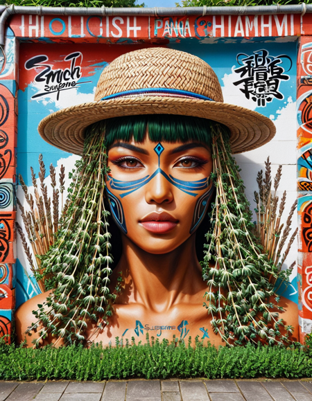 stylized by Ruan Jia, Artgerm, Range Murata, WLOP, CLAMP and Loish, colorful wall Graffiti, stylized, Historical midweight Aborigine (ral-spicethyme:1.2) , wearing Panama hat, its Panama hat Mecha-and 2000'S, background is Artistic reeds, at Midday, Fantasy, spotlight, Selective focus, Instagram, anime sketch, <lora:ral-spicethyme:0.85>, beautiful detailed supreme quality color intricate, highly enhanced, magical, very coherent, dynamic
