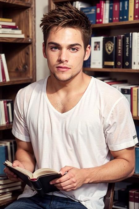 ((masterpiece)), ((best quality:1.2)), High Resolution, 8k, (ultra_realistic:1.3), (photorealistic:1.4), (instagram model, handsome:1.2), sharp focus, a photo of (dylansprayberrykm), wearing white vneck shirt, in a library reading books, bookshelf in the background, teacher, classroom, ((looking at viewer)), reading, <lora:DylanSprayberryKM_16_v2:0.8>