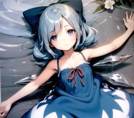 <lora:ke-ta:0.9>, cirno, lying, water, pond, rocks, outstretched arms, looking at viewer, from above, blue eyes, partially submerged, on back