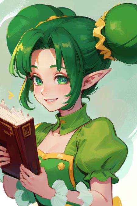 farore, pointy ears,green hair,double bun,green eyes,
Gdress,green dress,pink pantyhose, puffy short sleeves,brown footwear, 
upper body, smiling,
holding book, 
(insanely detailed, beautiful detailed face, masterpiece, detailed eyes, best quality),
 <lora:farore:0.7>