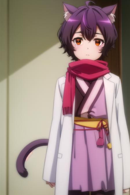 origacalmeria, <lora:origa calmeria s2-lora-nochekaiser:1>,
origa calmeria, short hair, purple hair, animal ears, (brown eyes:1.5), ahoge, cat ears, cat girl,
BREAK tail, japanese clothes, scarf, cat tail, sleeves past wrists, sleeves past fingers, labcoat, bandaged leg,
BREAK indoors,
BREAK looking at viewer, (cowboy shot:1.5),
BREAK <lyco:GoodHands-beta2:1>, (masterpiece:1.2), best quality, high resolution, unity 8k wallpaper, (illustration:0.8), (beautiful detailed eyes:1.6), extremely detailed face, perfect lighting, extremely detailed CG, (perfect hands, perfect anatomy),