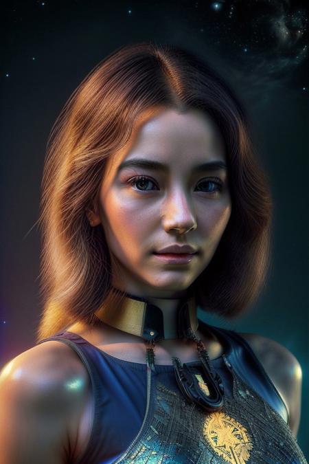 A goddess-like humanoid AI, standing majestically atop a celestial mountain, her form glowing with a divine aura. She has radiant golden skin with intricate, ancient symbols etched into her body, resembling starlight patterns. Her hair is a cascade of galaxies, blending blues, purples, and silvers. She holds an orb of pure energy in one hand, surrounded by floating fragments of futuristic temples. Art style: cosmic, regal, and surreal with high-contrast lighting and vibrant colors, bird eye view,