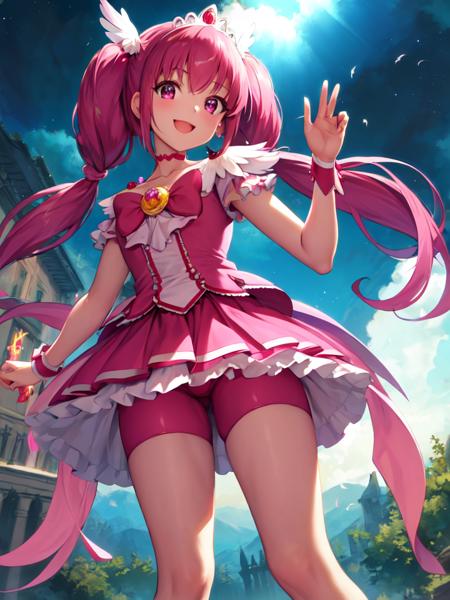 cure happy low twintails, feather hair ornament, skirt, tiara, wrist cuffs, pink shorts, shorts under skirt, boots