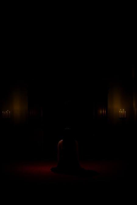 RAW photo, 8k uhd, dslr, high quality, film grain, Fujifilm XT3.
View from behind, dim horror movie lighting, 1woman, kneeling in front of an alter, in a dark mansion, old home