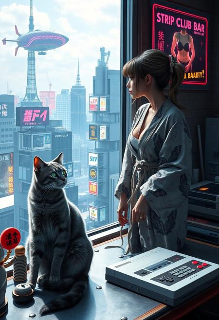 Grey tabby cat with green blue eyes sits on a cluttered metal riveted desk next to a maneki neko statue and a small Nintendo NES, the cat is looking out to a floor to ceiling window that looks out over a futuristic cyberpunk Tokyo skyline with skyscrapers, holographic advertisements, futuristic airships covered with lights and advertisements in Japanese, a space elevator, (((a tall thin beautiful young woman, 22 years old, is standing next to the cat looking out at the city through the window))), The woman is dressed in an ornate Japanese style bath robe, exposing some cleavage and her lower legs.  The woman's hair is messy from just waking up and tied up with a ribbon. Artistic cyberpunk, dynamic perspective, a translucent neon projection of a strip club bar advertisement displaying a partially dressed woman is visible on a nearby building,