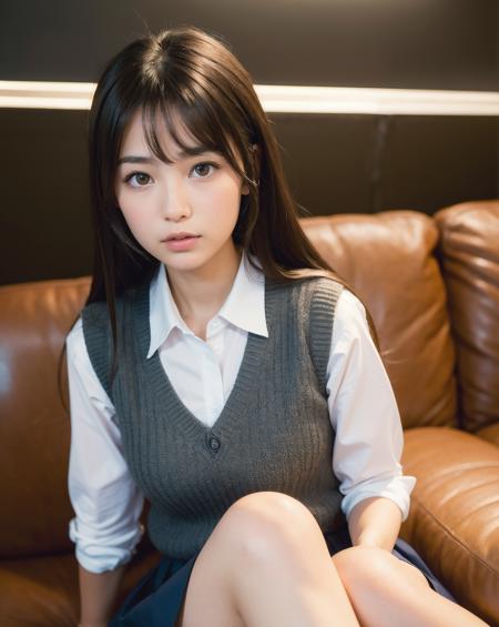 best quality, face focus, soft light, ultra high res, (photorealistic:1.4), RAW photo,
1japanese girl, solo, cute, (pupil, lights in the eyes),  detailed beautiful face, (small chest),(high resolution detail of human skin texture),
(long hair),
sit couch,
school uniform, charcoal vest, skirt,
(upper thigh)