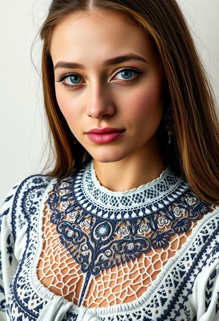 the whole face, shoulders and chest are pierced with openwork threads in the style of Ukrainian national embroidery,  no retouching, photoshop, processing, smoothing