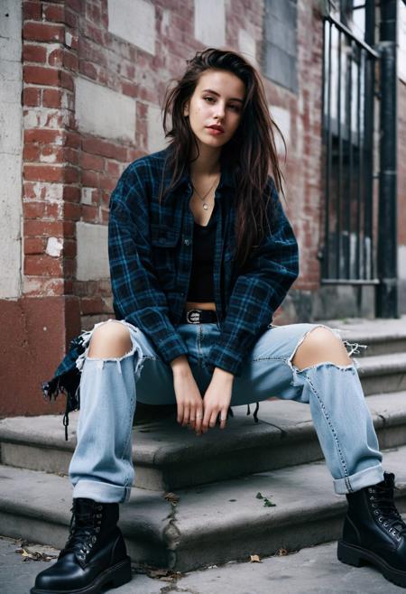 <lora:MoCAlisaI_v2:1> 
Portrait of ((MoCAlisaI woman)), 
grunge fashion, ripped jeans, oversized flannel, combat boots, urban setting, film grain, 90s aesthetic.
