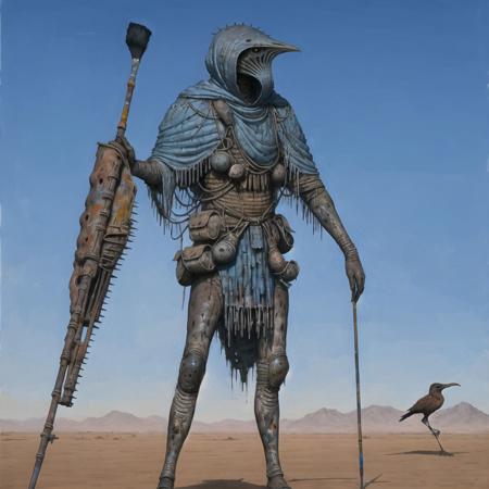 <lora:arielp:1.0>, 

(arielpstyle:1.0), dark, horror, creepy, creepy-looking, painting, lovecraftian, grease, painting \(medium\), drawing, brush stroke, 

a man in a desert with a giant bird like creature on his back and a hood on his head, sky, day, desert, solo, blue sky, 1other, outdoors, full body, weapon, standing