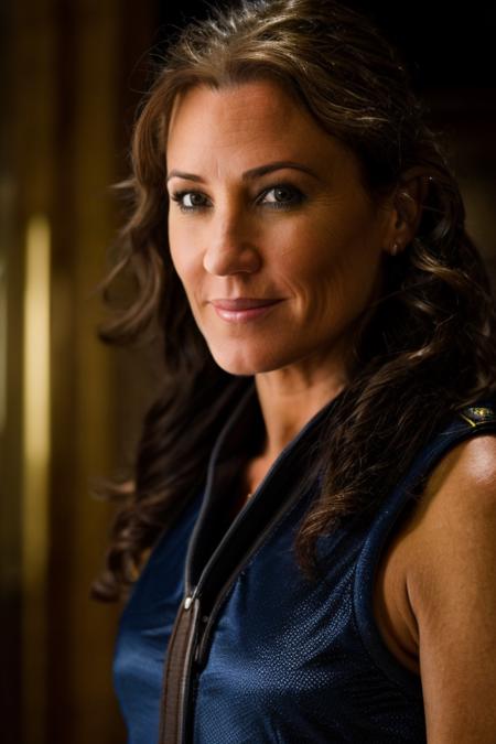 captain costume ,  tank interior , night  <lora:Orla_Brady:1> masterpiece, best quality, detailed face,, 1girl, solo, a mature o1873b, brown_eyes, realistic, brown_hair, long_hair, posing,