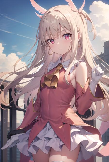 illyasvielvoneinzbern, <lora:illyasvielvoneinzbern-lora-nochekaiser:1>,
illyasviel von einzbern, blonde hair, hair between eyes, long hair, (red eyes:1.5),
BREAK boots, detached sleeves, earrings, feather hair ornament, feathers, gloves, hair ornament, jewelry, layered skirt, long sleeves, magical girl, miniskirt, pink footwear, pink shirt, pink sleeves, pleated skirt, shirt, skirt, sleeveless, sleeveless shirt, staff, thigh boots, thighhighs, wand, white feathers, white gloves, white skirt, zettai ryouiki,
BREAK outdoors, city, sky, cloud, sun,
BREAK looking at viewer, (cowboy shot:1.5),
BREAK <lyco:GoodHands-beta2:1>, (masterpiece:1.2), best quality, high resolution, unity 8k wallpaper, (illustration:0.8), (beautiful detailed eyes:1.6), extremely detailed face, perfect lighting, extremely detailed CG, (perfect hands, perfect anatomy),