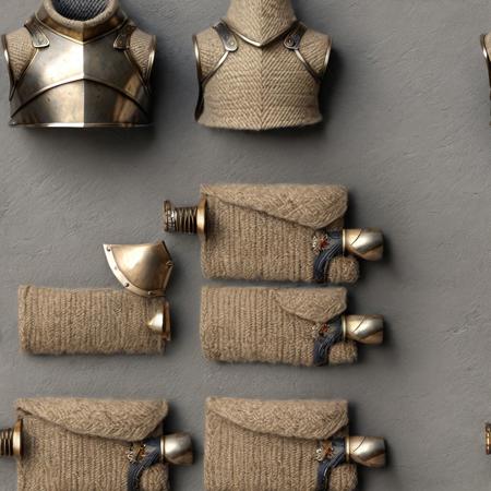 hyper-realistic, Realism, HDR, detailed, warior style armor covered in gray wool (beige cotton ), simple gray background