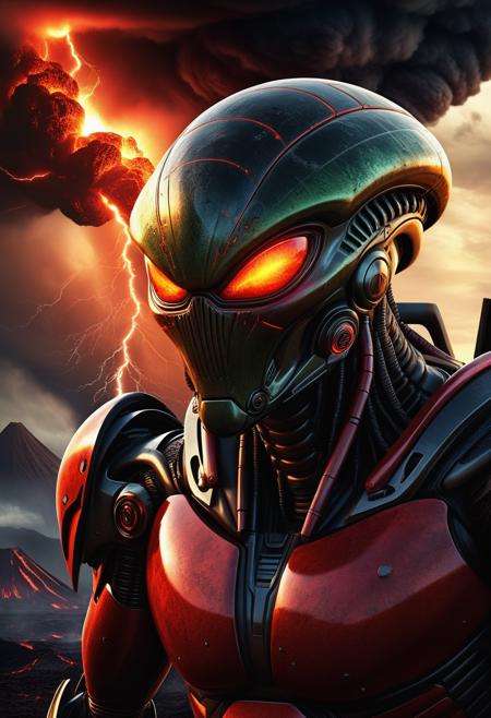 score_9, score_8_up, score_7_up, score_6_up, score_5_up, score_4_up score_9,score_8_up, digital art,  alien looking slimy belly, robot, inhuman, android, scary, menacing look, angry, threatening, dangerous, evil, demonic, red glowing eyes, realistic 3D illustration, soft lighting, contemplative expression, high-resolution, detailed texture, emotional depth, dramatic mood, dangerous atmosphere, cinematic lighting, side view, volcanic alien planet, large tornado, fire, dark clouds, lightning, smoke clowds, volcanoe eruptions, apocalypse