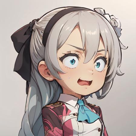 Highly detailed, High Quality, Masterpiece, beautiful, solo, 1girl, (chibi:1.2), white background, simple background, <lora:DarkCabalChibiStyle:1>, elie macdowell, hairband, blue ascot, hair ribbon, <lora:Char_Meme_ElieMacDowell:0.9>, hengao_teio, <lora:Expression_HengaoTeio:0.65>