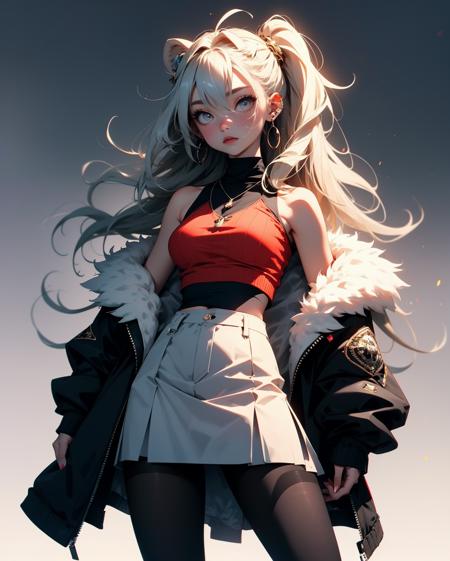 1girl,  solo,  shishiro botan,  virtual youtuber,  animal ears,  breasts,  lion ears,  skirt,  fur trim,  long hair,  jacket,  single leg pantyhose,  sleeves past wrists,  torn clothes,  grey hair,  grey eyes,  white background,  full body,  fur-trimmed jacket,  boots,  miniskirt,  navel,  hair between eyes,  shirt,  pantyhose,  background,  looking at viewer,  jewelry,  sleeves past fingers,  black footwear,  ahoge,  grey skirt,  black jacket,  torn pantyhose,  high heels,  lion girl,  midriff,  standing,  sleeveless shirt,  black shirt,  sleeveless,  high heel boots,  bare shoulders,  necklace,  black pantyhose,  piercing,  off shoulder,  bangs,  open clothes,  large breasts,  hand on hip,  medium breasts,  long sleeves,  ear piercing,  two side up,  open jacket,  closed mouth,  crop top,  black skirt,  thigh strap