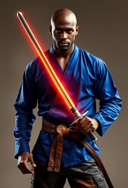 Handsome bald black man with royal blue gi shirt, glowing silver rapier, leather belts, leather patchwork pants