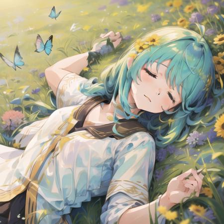 <lora:SleePeace:0.85>, sleepeace, 1girl, grass carpet, outdoors, (flowers, feathers, small butterflies:1.1), sunshine, backlighting,, ultra_detailed:1.2