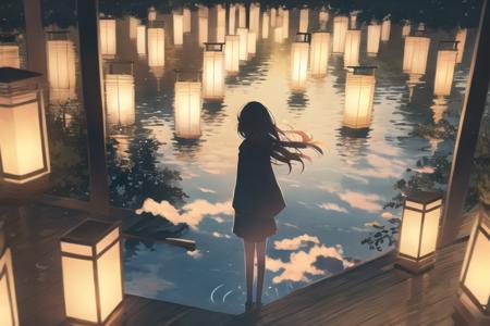 1girl, silhouette,paper lantern,, sky, night, solo, reflection, water, outdoors, scenery, star (sky), night sky, long hair, starry sky, lantern, standing, tree, lake, dark, grass,  <lora:JW-000005:1>