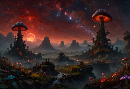 high fantasy,(game morrowind theme:1.5),telvanni tower atop mountain setting,elder scrolls,best quality,hyper detailed,intricate details,wallpaper,8k,masterpiece,landscape of warped mage mushroom tower amidst the red mountains of morrowind,(bio-luminescent fungi landscape:1.3),(towers sculpted from giant flat domed mushrooms:1.4),(mult -domed towers:1.2),amanita muscaria mushrooms,(amanita phalloides death cap mushroom:1.1),lamp lit tower,(gigantic mushroom flat capped towers:1.4),silt striders,(volcanic red mountain ranges:1.2),imposing,(twin moon alien sky:1.1),night,(lava streams:1.2),(volcanic wasteland:1.4),(long eldritch tentacles on towers:1.3),(bio-luminescent flowers:1.1),(bio-luminescent mushrooms:1.1),violet lights,blue stars,(gray ashlands:1.1),lora:juggercinexl2:1>,<lora:detailed_notrigger:1>,(ashlands:1.1),<lora:more_details:1>,<lora:xl-shanbailing-1003fire:1>,<lora:SDXLFaeTastic2400:1>,<lora:LaxpeintXL-2.0:0.7>,