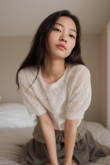score_9, score_8_up, score_7_up, 1 girl, Asian American, tanned olive skin, disgusted face, judging you, frowning, furrowed brows, pretty, beautiful, 28 year old, black hair, straight hair, long hair, sitting on edge of bed, in a bedroom, seductive pose, sexy, wearing lingerie, black lacy lingerie, hands above head, from below view, from below POV, looking up at her, RAW photo, subject, 8k uhd, dslr, low lighting, dark room, high quality, film grain, Fujifilm XT3