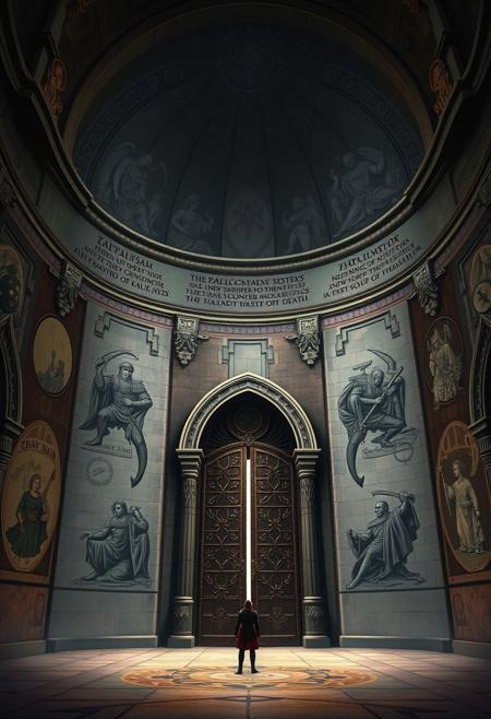 You stand inside the massive antechamber to the Master's Sanctum. Depictions
of the many triumphs of Zhav's'ash have been carved into and painted on each
of the walls of the chamber.  Ancient text that lauds Zhav's'ash as the new
savior of Crypt and the Master of Death is inscribed along the rim of the
cathedral-like ceiling. A pair of ornate doors mark the entrance to the
Master's Sanctum, while a double archway leads back to the grand hall.
