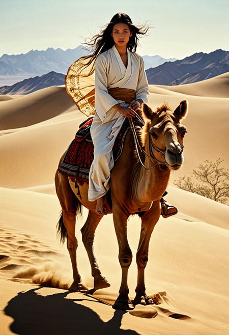(Soft Lighting Photography by Mimoza Veliu and Mario Giacomelli:1.2), NSFW, 1 beautiful pale Nepal Princess riding a camel along across Desert, passing a small Oasis, barefoot, sexy, her traditional Nepal clothes worn out barely covering her body, She has a very long hair, sweating, ,under intense sunlight, wet, Influenced by Baroque and surrealist styles, takato yamamoto, rendered in a highly detailed,<lora:TWbabeXL01:0.6>