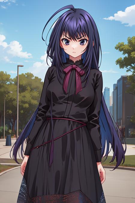 1girl, (park:1.2), sky, cowboy shot, serious, 
ever17_tugumi, black eyes, black hair, long hair, very long hair, ahoge, ribbon, bow, long sleeves, dress, black dress, black skirt, long skirt, lace,  <lora:ever17_tugumi_lora_ver1:0.8>, best quality, masterpiece, highres, <lora:GoodHands-vanilla:1>